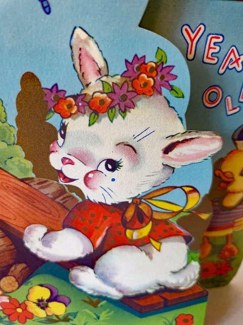 Vintage 1950s Birthday 2 Year Old Duck Bunny Nursery Kids Greeting Card (EB0235)