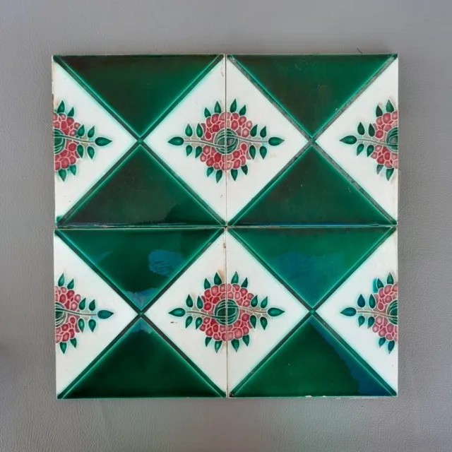 antique orig. majolica geometric and floral ceramic JAPAN saji tile 4pcs lot 6"