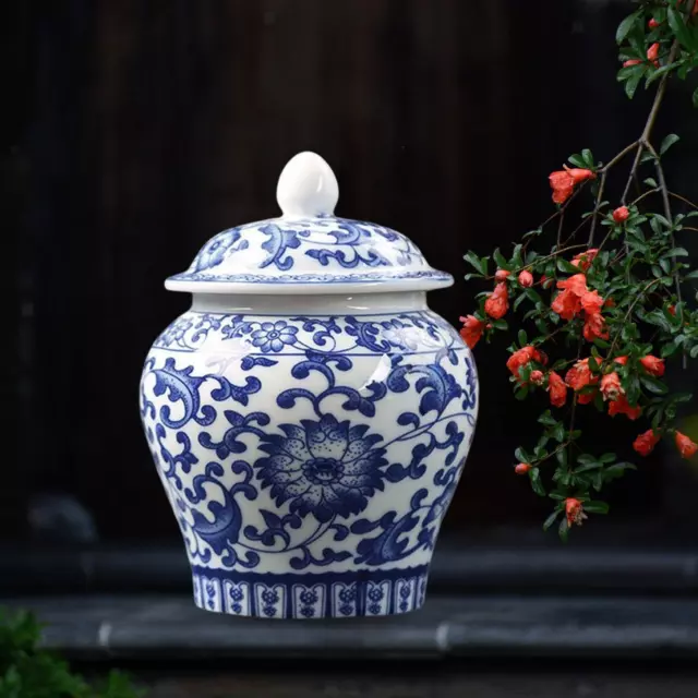 Chinese Blue and White Ceramic Tea Storage Glazed Temple Ginger Jar Vase Lid