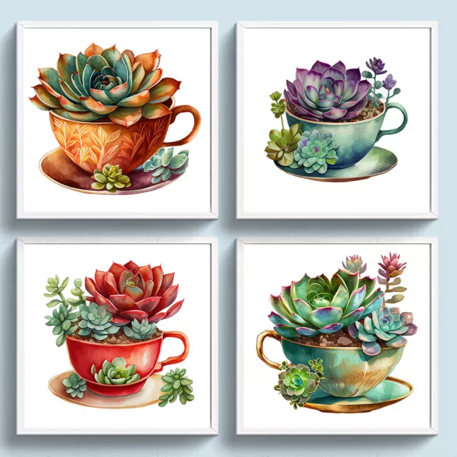 Full Embroidery Eco-cotton Thread 11CT Printed Teacup Succulent Cross Stitch Kit