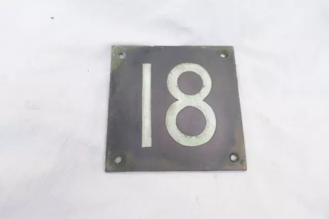 Antique Authentic Door number 18 Patinated Bronze Plate Inset Enamel 3X3" 1900s