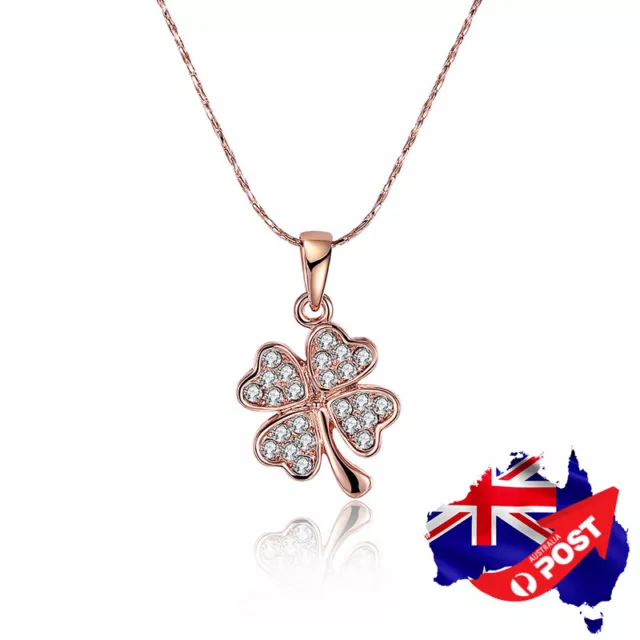 Women's 18K Rose GOLD Filled Lucky Flower Crystal Clover Pendant Charm Necklace