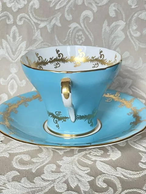 Aynsley Teal Blue Corset Shape Gold Design Tea Cup Saucer. England. 3