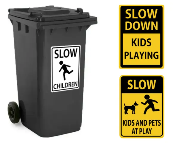 Slow Down Kids Playing Wheelie Bin Stickers x 2 Pack