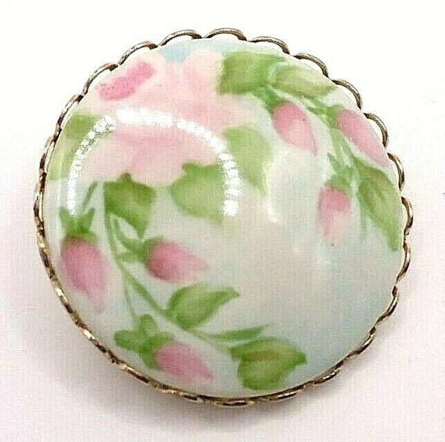 Vtg 1960s Brooch Pink Rose Still Life Hand Painted Porcelain Gold Tone Metal