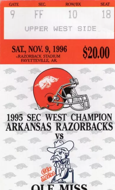 Vintage Arkansas Razorbacks Football Ticket Stub Ole Miss 1996 Razorback Stadium