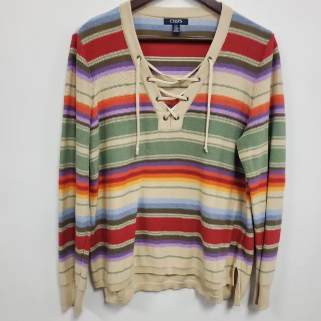 Chaps Womens Rainbow Striped Sweater Size L Lace Up V Neck Split Hem Tight Knit