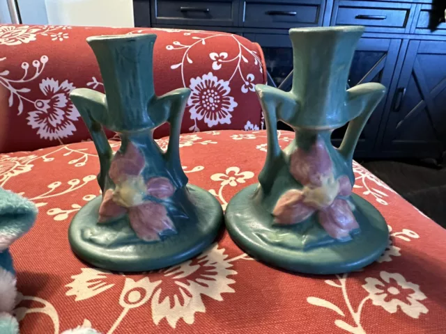 Two Vintage 1940s Roseville Green  Magnolia Bud Vase~Candlestick Holder Chip
