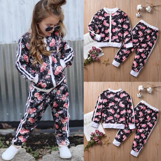 Kids Girls 2PCS Set Tracksuit Floral Jacket Tops Pants Casual Outfits Clothes
