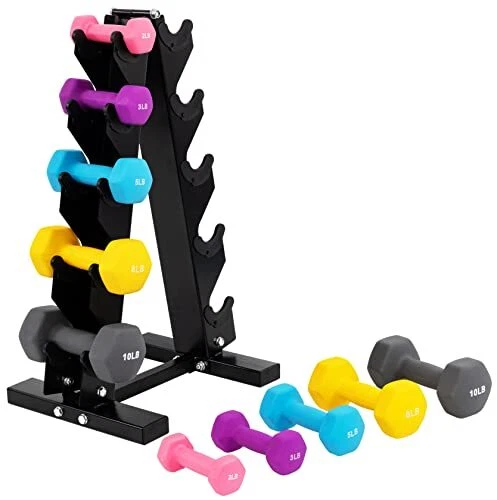5 Pairs Set Neoprene Dumbbell Hand Weights, Anti-Slip, Hex Shape with Stand