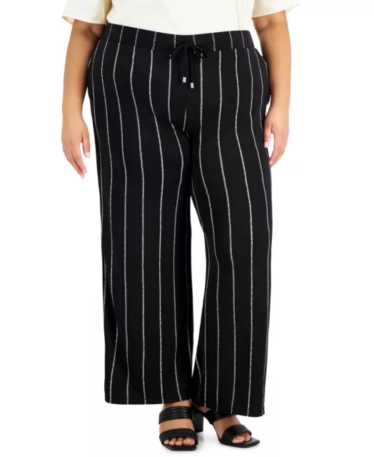 MSRP $80 Alfani Plus Size Striped Drawstring Pants Black Size 3X