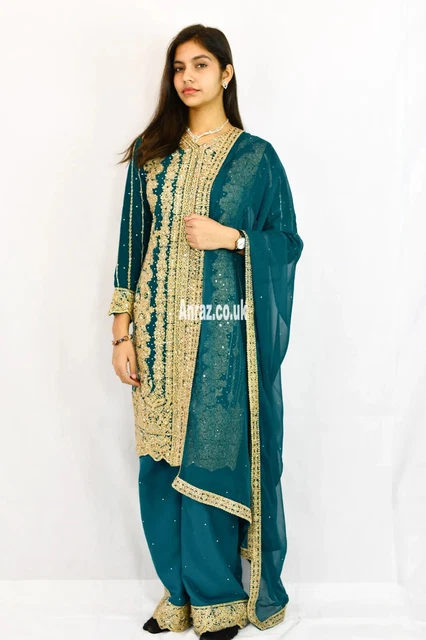 Abbigliamento festa Salwar Kameez Verde Verde Indiano Pakistano Cucito Palazzo S