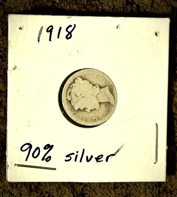 1918 Mercury Silver Dime 90% Silver Average Circulated