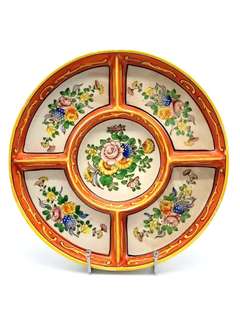 Antique Japanese Moriyama Mori-Machi Hand Painted Divided Dish, Wooden Container
