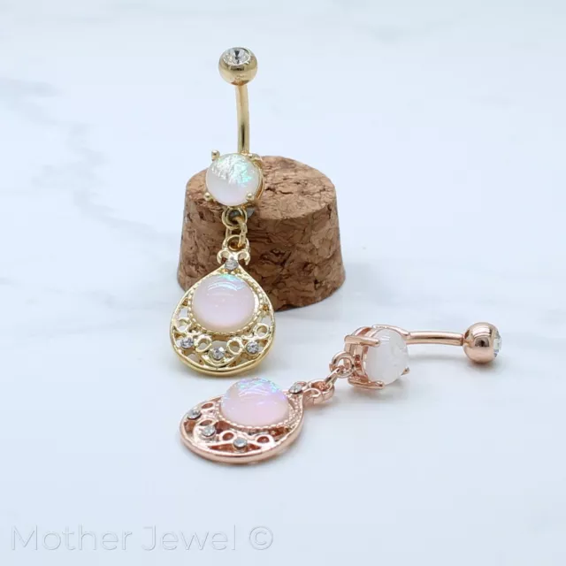 Simulated Diamond Opal Oval Filigree Belly Navel 14K Yellow Rose Gold Ip Ring