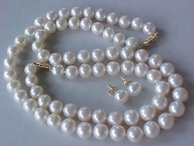 9-10MM AAA Genuine White Pearl Necklace Bracelet Earrings Jewelry Set