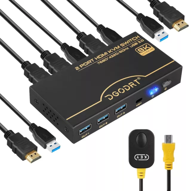 8K 60Hz HDMI KVM Switch 4K 120Hz, 2 Ports USB KVM Switch with USB 3.0 for 2 comp