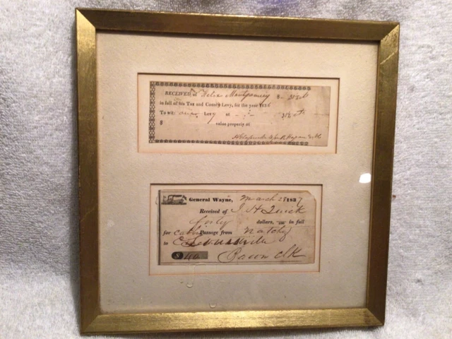2 Antq. Receipts 1836 For Tax & 1837 For Steamboat Natchez To Louisville, Framed