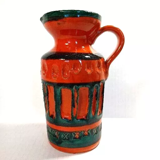 Vtg MCM Mid Century Bittosi Style Italian Orange & Green Pottery Pitcher Vase