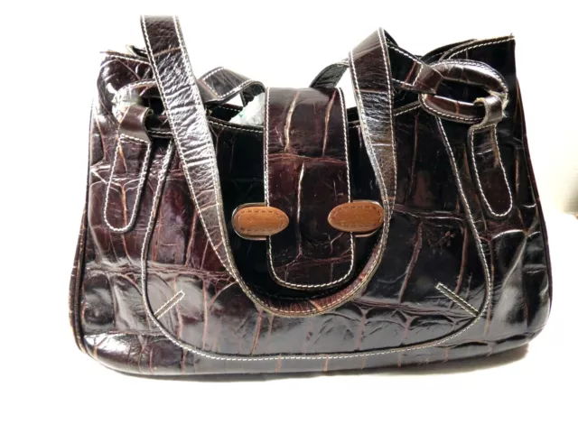 Italy Brown Croc Embossed Leather Satchel Shoulder Hand Bag Purse
