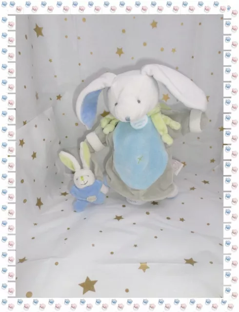 ⑰ - Doudou Marionnette Lapin Bleu Vert Blanc Microfibre Doudou et Compagnie