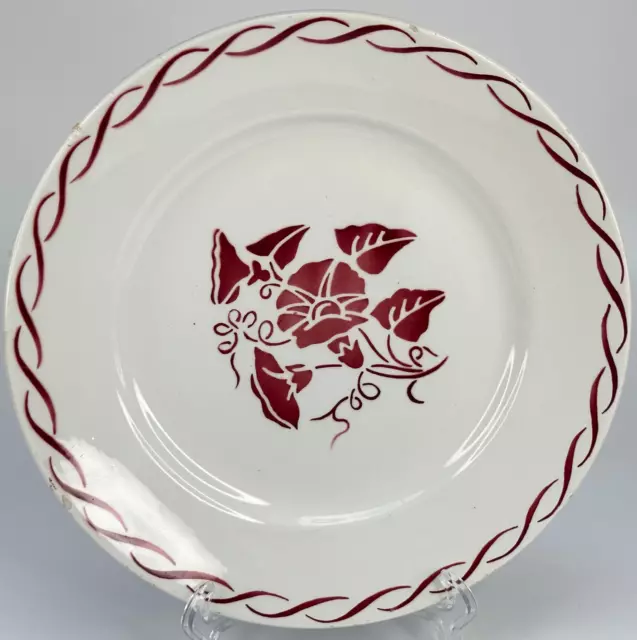 Vintage French 1930s Cream & Red Ceramic Floral Stencil Design Patterned Plate