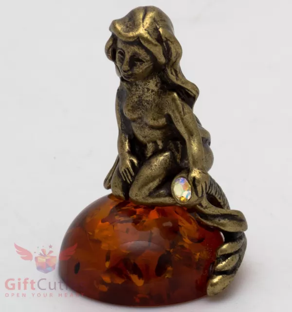 Solid Brass Amber Figurine of Mermaid Goddess of the Sea Rusalka Syren IronWork