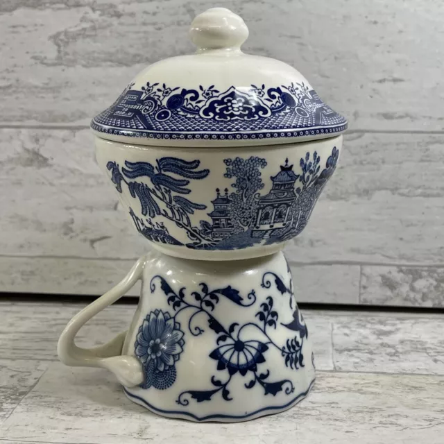 Churchill England Blue Willow Sugar Bowl W Lid Glued To Japan Blue Danube Cup