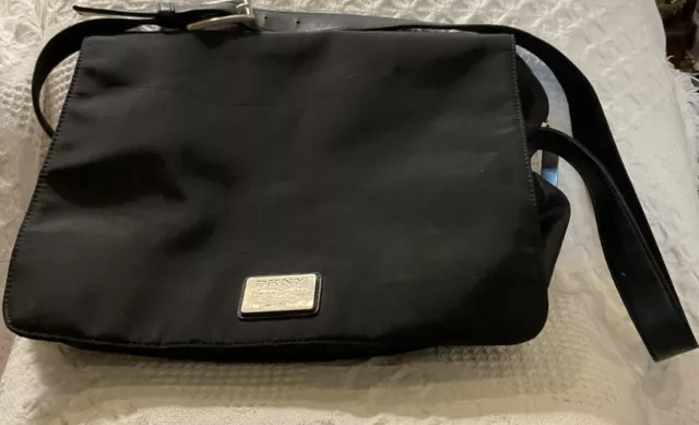 DKNY VINTAGE MESSENGER Shoulder Bag Black Nylon w/ Belted Strap $25.00 ...
