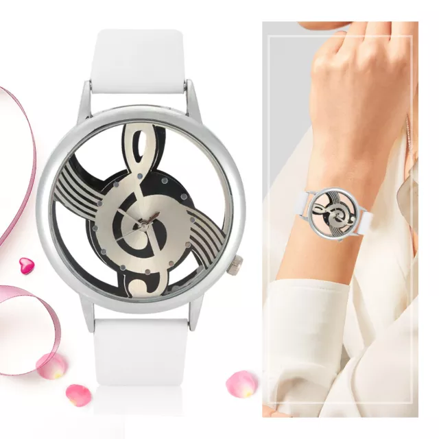 Quartz Analog Couple Watch Round Hollow Musical Note Dial PU Strap Wristwatc FD5