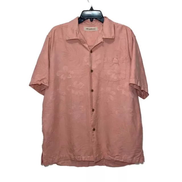 Tommy Bahama Mens Medium Button Down Shirt Silk Pink Peach Short Sleeve