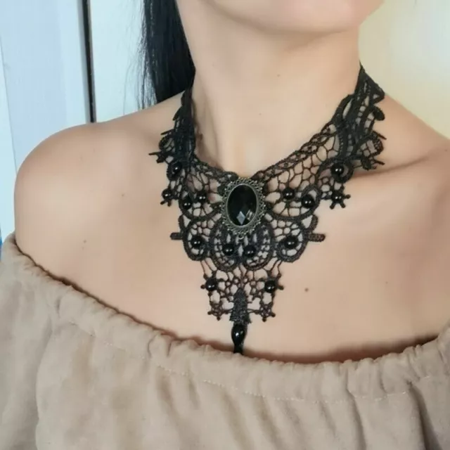 Punk Gothic Women Black Lace Bead Choker Collar Pendant Necklace Jewelry