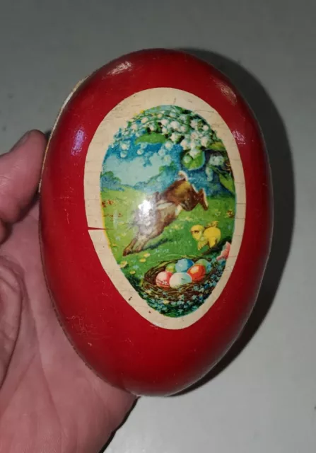 Early German Paper mache red Easter Egg Candy container With rabbit and chick