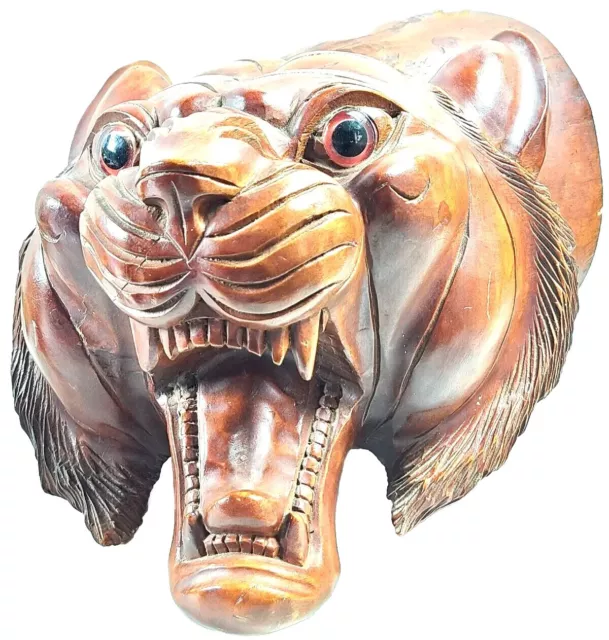 Antique Vintage Large Carved Wood Lion's Head Bust Glass Eyes Carousel Type