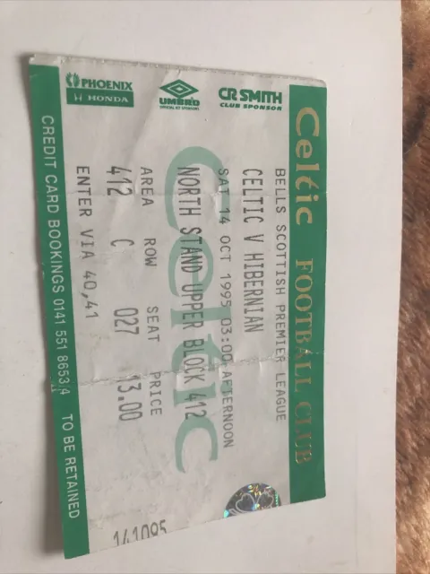 Celtic V Hibs League 14th Oct  1995..Match Ticket