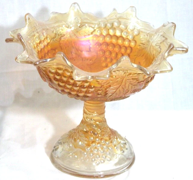 Large Art Glass Cut Northwood Carnival Marigold Grape Vine  Compote Fruit Bowl