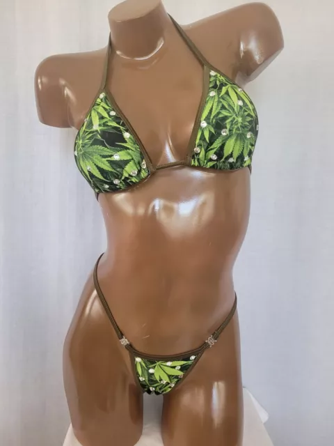 New rhinestone exotic dancer thong bikini 2 piece set  A/B cup pot leaf print