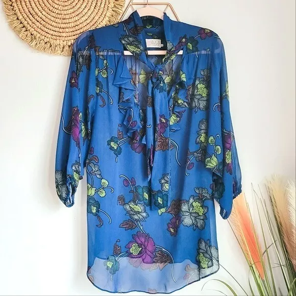 Alice & Trixie 100% Silk Navy Blue Floral Tie Neck Blouse Women's Top Size Large