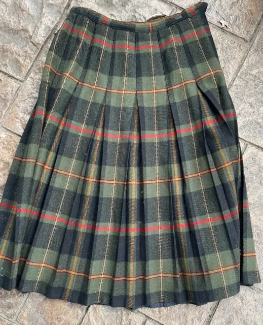 Vintage Wool Skirt Plaid Tartan M Green Blue 27” Long