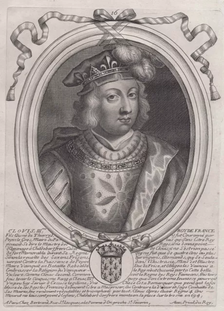 1680 Chlodwig III. Clovis IV. König Franken Franks Portrait Kupferstich etching