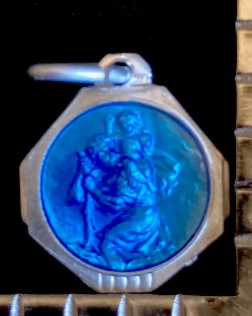 Vintage Catholic NOS New Old Stock Saint St Christopher Flower Blue Enamel Medal