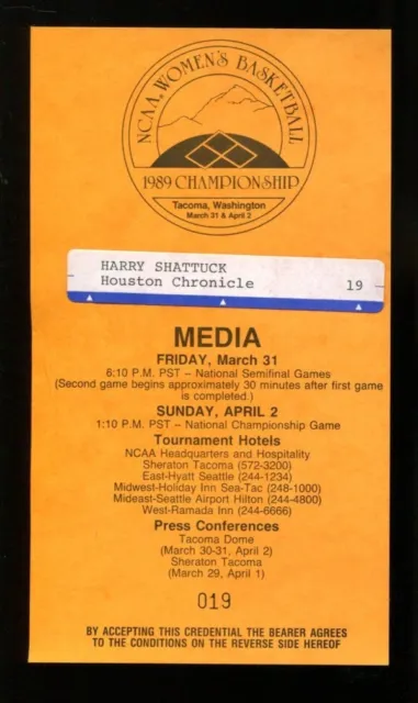 1989 NCAA Final Four Women's Basketball Press Pass Ticket Tacoma Dome Lady Vols