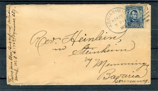 Bedarfsbrief USA 5 Cents EF Adrian/Michigan-Memmingen - b4859