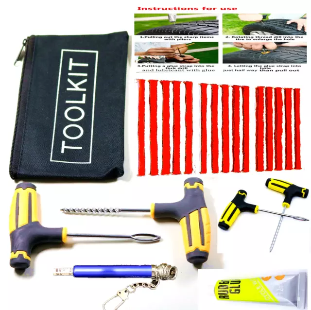 Motorcycle Car Van Tubeless Tyre Puncture Repair Kit Tire Tool Plug Emergency