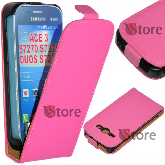 Custodia Flip Per Samsung Galaxy ACE 3 S7270 S7275 S7272 Duos Eco Pelle Fucsia