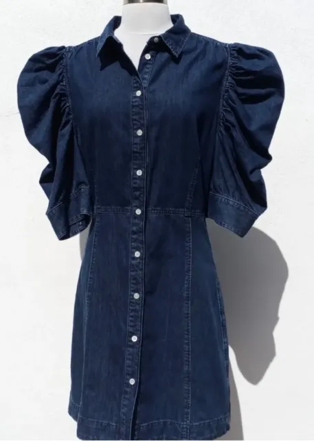FRAME Gillian Denim Puff-Sleeve Shirtdress Button-Up Grape Wood XL.
