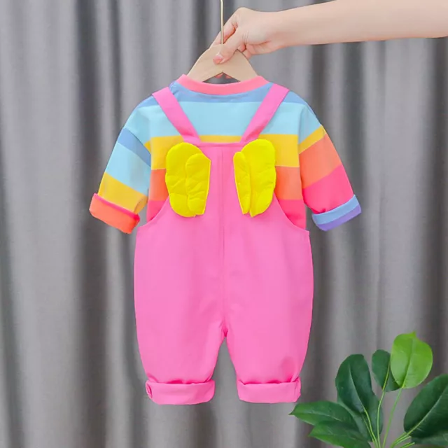 T0# 2pcs Baby Autumn Clothes Set Striped Kids Overall Pants (Pink 6-12M)