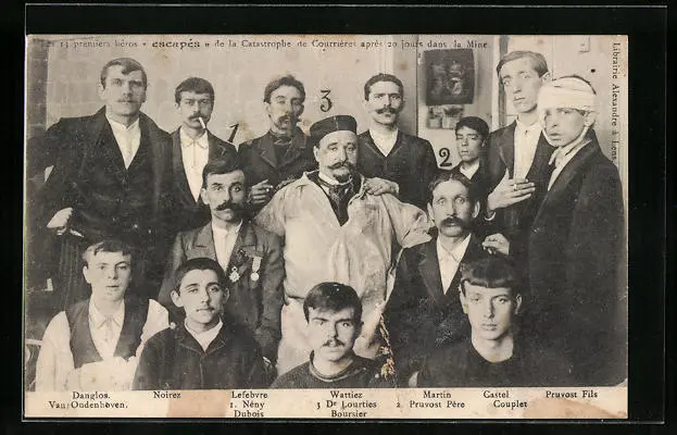 CPA Courrieres, Catastrophe des Mines, Les 13 premiers heros escapes 1906