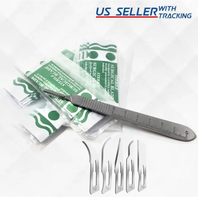 50 Carbon Steel Sterile Surgical Scalpel Blades #10 #11 #12 #15 #16 + Handle #3