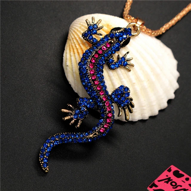New Blue Navy Crystal Gecko Wall Lizard Retro Betsey Johnson Pendant Necklace
